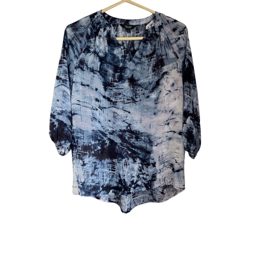 Simply Vera Wang Women's Long Sleeve Blue & White V-Neck Size: XS100% Polyester